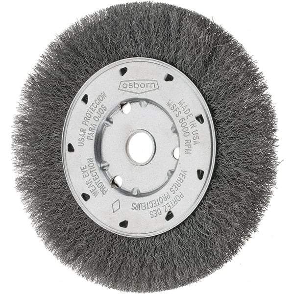 Osborn - 6" OD, 5/8" Arbor Hole, Crimped Steel Wheel Brush - 5/8" Face Width, 1-1/8" Trim Length, 0.008" Filament Diam, 6,000 RPM - A1 Tooling