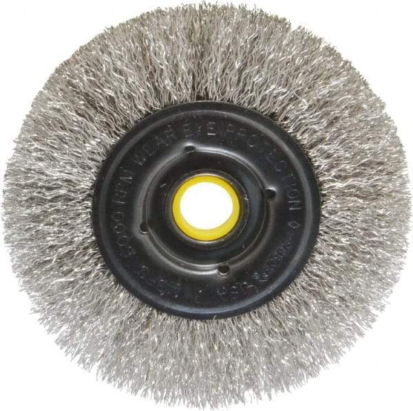 Osborn - 4" OD, 1/2 & 5/8" Arbor Hole, Crimped Stainless Steel Wheel Brush - 3/8" Face Width, 13/16" Trim Length, 0.0104" Filament Diam, 6,000 RPM - A1 Tooling