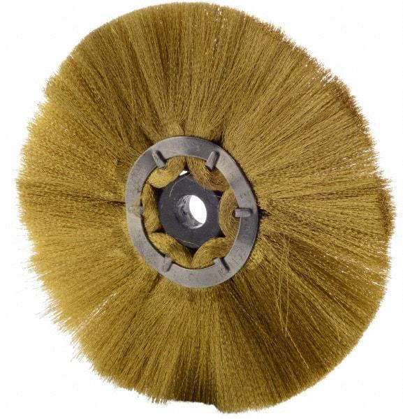 Osborn - 6" OD, 1/2" Arbor Hole, Crimped Brass Wheel Brush - 1/2" Face Width, 1-7/8" Trim Length, 0.005" Filament Diam, 4,000 RPM - A1 Tooling