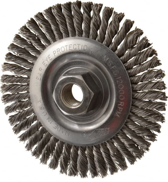 Osborn - 4" OD, 5/8-11 Arbor Hole, Knotted Steel Wheel Brush - 3/16" Face Width, 1" Trim Length, 0.02" Filament Diam, 12,000 RPM - A1 Tooling