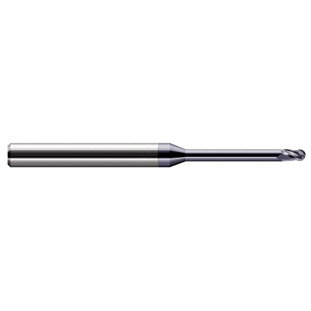 Ball End Mill: 0.078″ Dia, 0.117″ LOC, 3 Flute, Solid Carbide 2-1/2″ OAL, 1/8″ Shank Dia, 30 ° Helix, AlTiN Coated, Single End