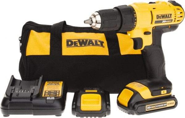 DeWALT - 20 Volt 1/2" Chuck Pistol Grip Handle Cordless Drill - 0-450 & 0-1500 RPM, Single-Sleeve Ratcheting Chuck, Reversible, 2 Lithium-Ion Batteries Included - A1 Tooling