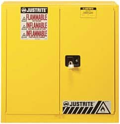 Justrite - 2 Door, 3 Shelf, Yellow Steel Standard Safety Cabinet for Flammable and Combustible Liquids - 44" High x 43" Wide x 18" Deep, Manual Closing Door, 3 Point Key Lock, 40 Gal Capacity - A1 Tooling