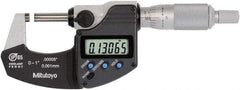 Mitutoyo - 0 to 1 Inch Range, 0.0001 Inch Resolution, Standard Throat, IP65 Electronic Outside Micrometer - 0.0001 Inch Accuracy, Ratchet Stop Thimble, Rotating Spindle, SR44 Battery, Includes NIST Traceability Certification - A1 Tooling