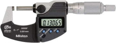 Mitutoyo - 0 to 1 Inch Range, 0 Inch Resolution, Standard Throat, IP65 Electronic Outside Micrometer - 0.0001 Inch Accuracy, Ratchet Stop Thimble, Rotating Spindle, SR44 Battery, Data Output, Includes NIST Traceability Certification - A1 Tooling