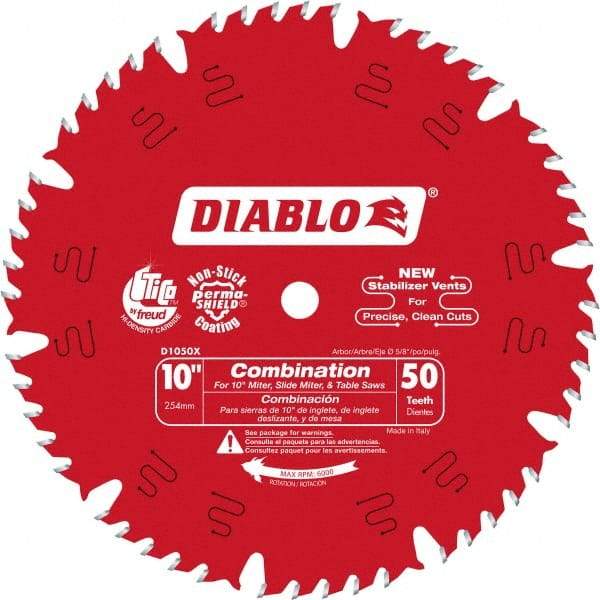 Freud - 10" Diam, 5/8" Arbor Hole Diam, 50 Tooth Wet & Dry Cut Saw Blade - Carbide-Tipped, Standard Round Arbor - A1 Tooling