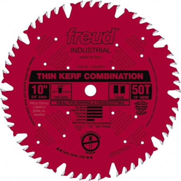 Freud - 10" Diam, 5/8" Arbor Hole Diam, 50 Tooth Wet & Dry Cut Saw Blade - Carbide-Tipped, Combination Action, Standard Round Arbor - A1 Tooling