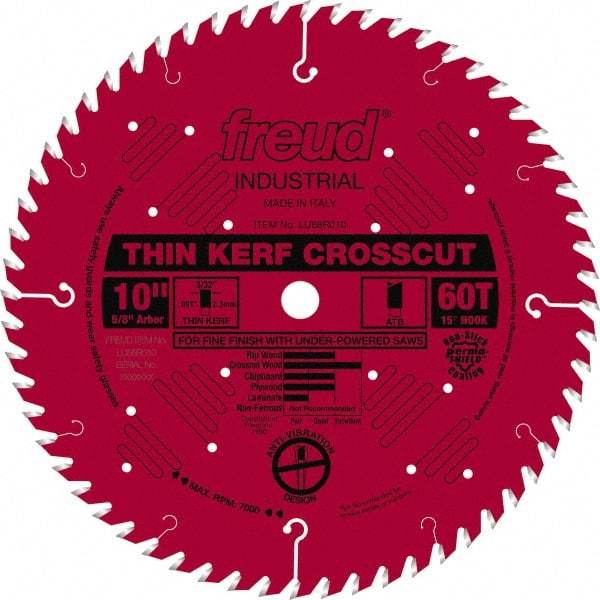 Freud - 10" Diam, 5/8" Arbor Hole Diam, 60 Tooth Wet & Dry Cut Saw Blade - Carbide-Tipped, Standard Round Arbor - A1 Tooling