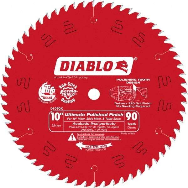 Freud - 10" Diam, 5/8" Arbor Hole Diam, 90 Tooth Wet & Dry Cut Saw Blade - Carbide-Tipped, Fine Finishing Action, Standard Round Arbor - A1 Tooling