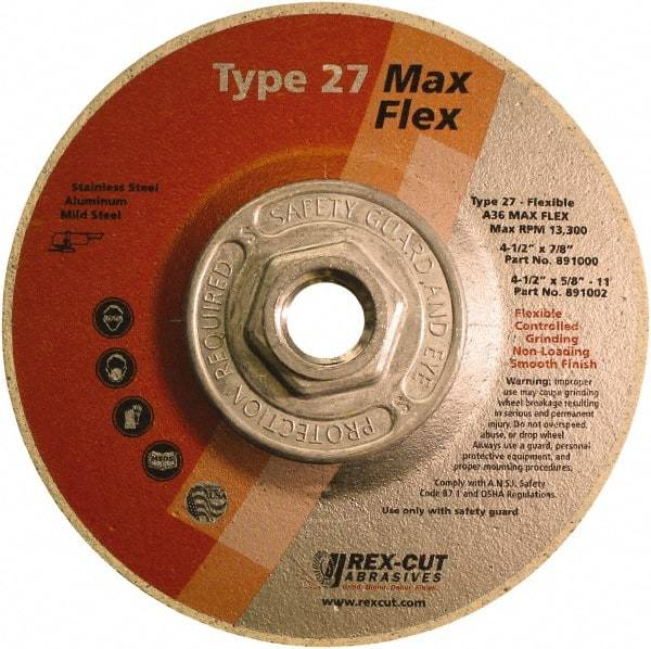 Rex Cut Product - 36 Grit, 4-1/2" Wheel Diam, 5/32" Wheel Thickness, Type 27 Depressed Center Wheel - Aluminum Oxide, 13,300 Max RPM - A1 Tooling