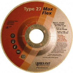 Rex Cut Product - 36 Grit, 4-1/2" Wheel Diam, 3/16" Wheel Thickness, 7/8" Arbor Hole, Type 27 Depressed Center Wheel - Aluminum Oxide, 13,300 Max RPM - A1 Tooling