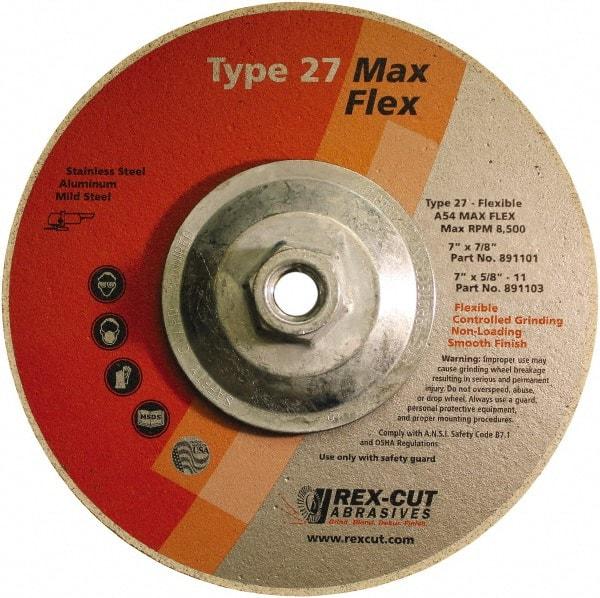 Rex Cut Product - 54 Grit, 7" Wheel Diam, 5/32" Wheel Thickness, Type 27 Depressed Center Wheel - Aluminum Oxide, 8,500 Max RPM - A1 Tooling