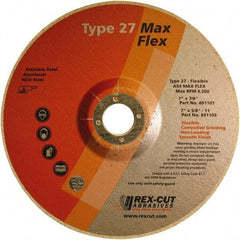 Rex Cut Product - 54 Grit, 7" Wheel Diam, 5/32" Wheel Thickness, 7/8" Arbor Hole, Type 27 Depressed Center Wheel - Aluminum Oxide, 8,500 Max RPM - A1 Tooling