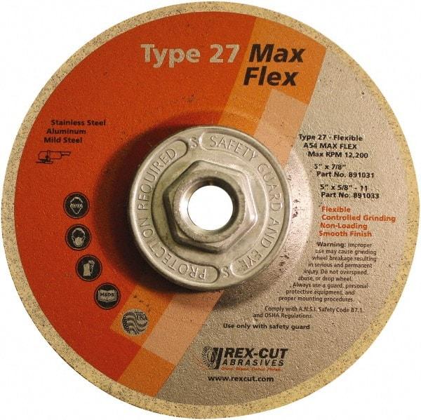 Rex Cut Product - 54 Grit, 5" Wheel Diam, 5/32" Wheel Thickness, Type 27 Depressed Center Wheel - Aluminum Oxide, 12,200 Max RPM - A1 Tooling