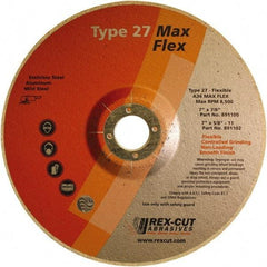 Rex Cut Product - 36 Grit, 7" Wheel Diam, 5/32" Wheel Thickness, 7/8" Arbor Hole, Type 27 Depressed Center Wheel - Aluminum Oxide, 8,500 Max RPM - A1 Tooling