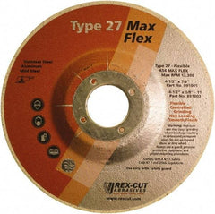 Rex Cut Product - 54 Grit, 4-1/2" Wheel Diam, 5/32" Wheel Thickness, 7/8" Arbor Hole, Type 27 Depressed Center Wheel - Aluminum Oxide, 13,300 Max RPM - A1 Tooling