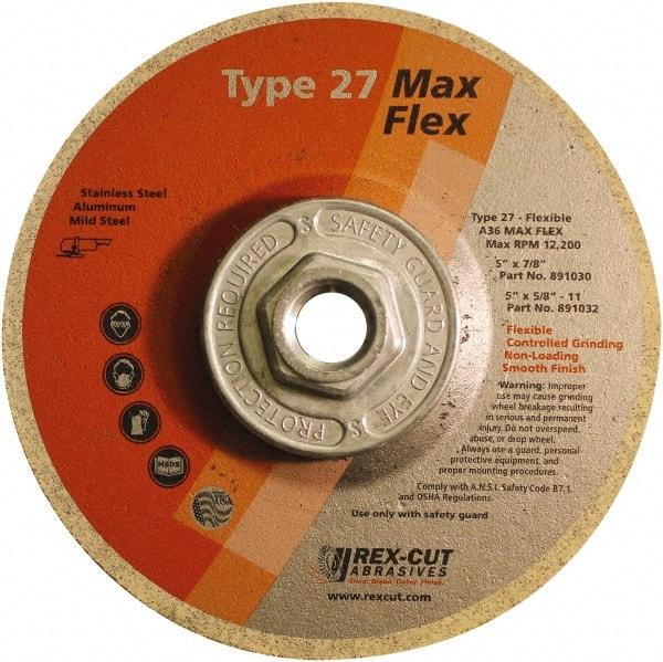 Rex Cut Product - 36 Grit, 5" Wheel Diam, 5/32" Wheel Thickness, Type 27 Depressed Center Wheel - Aluminum Oxide, 12,200 Max RPM - A1 Tooling