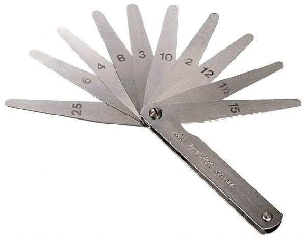 TESA Brown & Sharpe - 26 Piece, 0.0015 to 0.025" Thick, Tapered Feeler Gage Set - 3" Leaf Length, 1/2" Wide, Steel - A1 Tooling