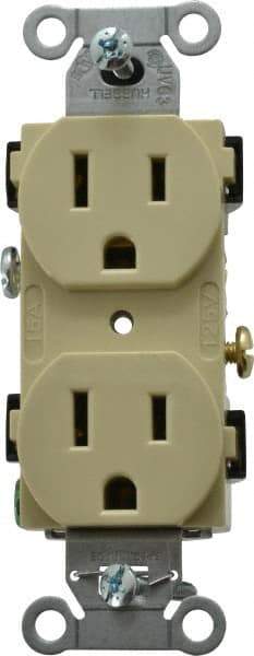 Hubbell Wiring Device-Kellems - 125 VAC, 15 Amp, 5-15R NEMA Configuration, Ivory, Specification Grade, Self Grounding Duplex Receptacle - 1 Phase, 2 Poles, 3 Wire, Flush Mount - A1 Tooling