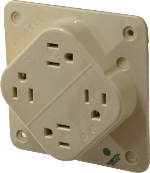 Hubbell Wiring Device-Kellems - 125 VAC, 15 Amp, 5-15R NEMA Configuration, Ivory, Hospital Grade, Self Grounding Fourplex Receptacle - 1 Phase, 2 Poles, 3 Wire, Flush Mount, Impact Resistant - A1 Tooling