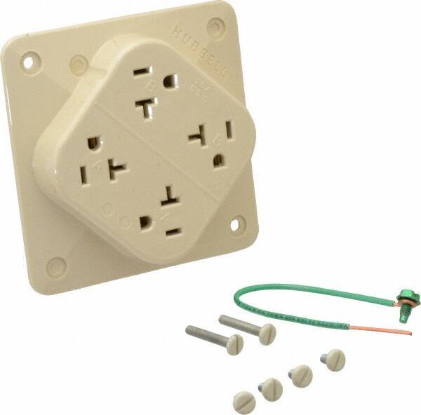 Hubbell Wiring Device-Kellems - 125 VAC, 20 Amp, 5-20R NEMA Configuration, Ivory, Specification Grade, Self Grounding Fourplex Receptacle - 1 Phase, 2 Poles, 3 Wire, Flush Mount, Impact Resistant - A1 Tooling