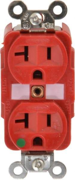 Hubbell Wiring Device-Kellems - 125 VAC, 20 Amp, 5-20R NEMA Configuration, Red, Hospital Grade, Self Grounding Duplex Receptacle - 1 Phase, 2 Poles, 3 Wire, Flush Mount, Tamper Resistant - A1 Tooling