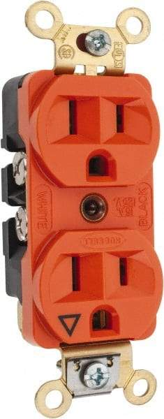 Hubbell Wiring Device-Kellems - 125 VAC, 15 Amp, 5-15R NEMA Configuration, Orange, Specification Grade, Isolated Ground Duplex Receptacle - 1 Phase, 2 Poles, 3 Wire, Flush Mount, Corrosion, Heat and Impact Resistant - A1 Tooling