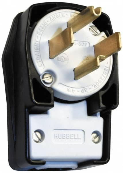 Hubbell Wiring Device-Kellems - 125/250 VAC, 30 Amp, 14-30P NEMA, Angled, Self Grounding, Commercial, Industrial Grade Plug - 3 Pole, 4 Wire, 1 Phase, 2 hp, Nylon, Black, White - A1 Tooling