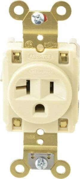 Hubbell Wiring Device-Kellems - 125 VAC, 20 Amp, 5-20R NEMA Configuration, Ivory, Specification Grade, Self Grounding Single Receptacle - 1 Phase, 2 Poles, 3 Wire, Flush Mount, Corrosion, Heat and Impact Resistant - A1 Tooling