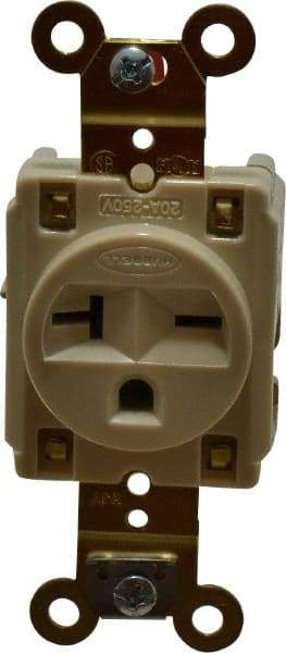 Hubbell Wiring Device-Kellems - 250 VAC, 20 Amp, 6-20R NEMA Configuration, Ivory, Specification Grade, Self Grounding Single Receptacle - 1 Phase, 2 Poles, 3 Wire, Flush Mount - A1 Tooling