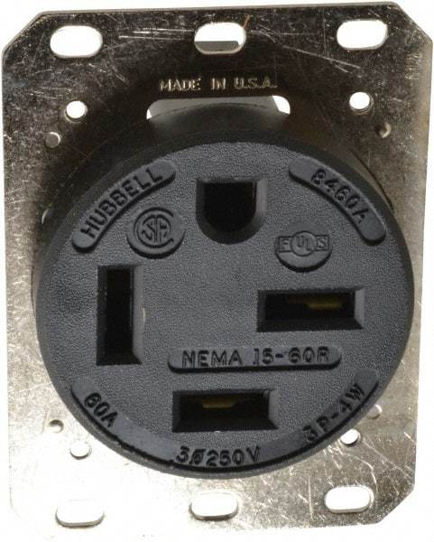 Hubbell Wiring Device-Kellems - 250 VAC, 60 Amp, 15-60R NEMA Configuration, Black, Industrial Grade, Self Grounding Single Receptacle - 1 Phase, 3 Poles, 4 Wire, Flush Mount - A1 Tooling