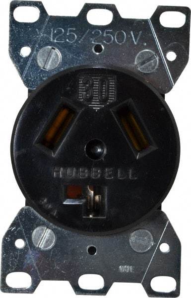 Hubbell Wiring Device-Kellems - 125/250 VAC, 30 Amp, 10-30R NEMA Configuration, Black/White, Industrial Grade, Self Grounding Single Receptacle - 1 Phase, 3 Poles, 3 Wire, Flush Mount - A1 Tooling