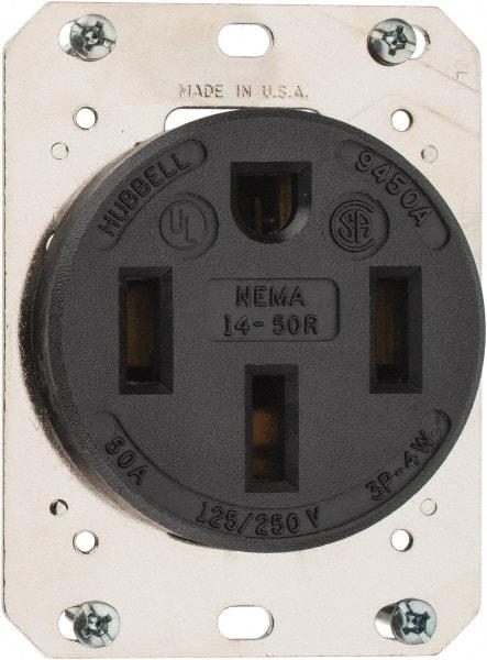 Hubbell Wiring Device-Kellems - 125/250 VAC, 50 Amp, 14-50R NEMA Configuration, Black, Industrial Grade, Self Grounding Single Receptacle - 1 Phase, 3 Poles, 4 Wire, Flush Mount - A1 Tooling