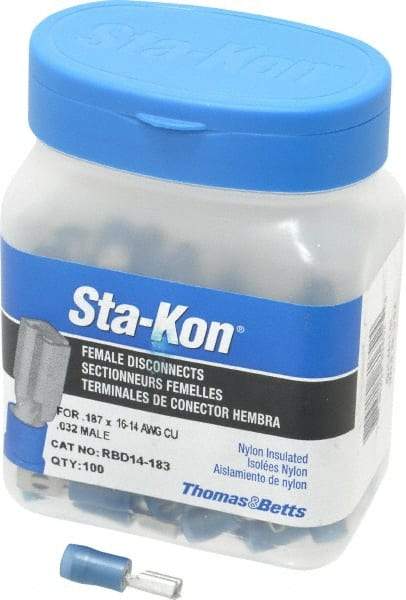 Thomas & Betts - 16 to 14 AWG, Nylon, Fully Insulated, Female Wire Disconnect - 3/16 Inch Wide Tab, Blue, CSA Certified, RoHS Compliant, UL 94 V-2, UL File E66716, UL Listed - A1 Tooling