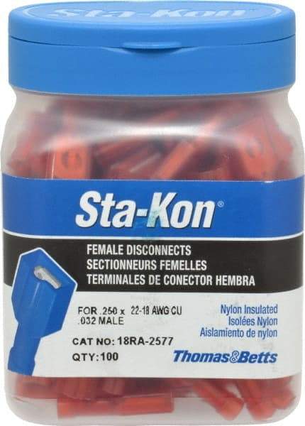 Thomas & Betts - 22 to 18 AWG, Nylon, Fully Insulated, Female Wire Disconnect - 1/4 Inch Wide Tab, Red, CSA Certified, RoHS Compliant, UL 94 V-2, UL File E66716, UL Listed - A1 Tooling