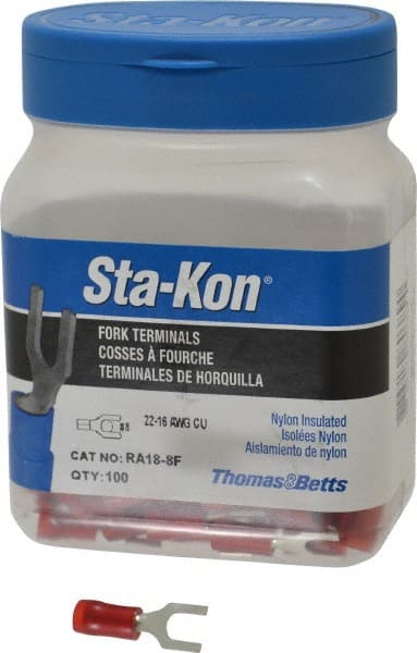 Thomas & Betts - #8 Stud, 22 to 16 AWG Compatible, Partially Insulated, Crimp Connection, Standard Fork Terminal - A1 Tooling