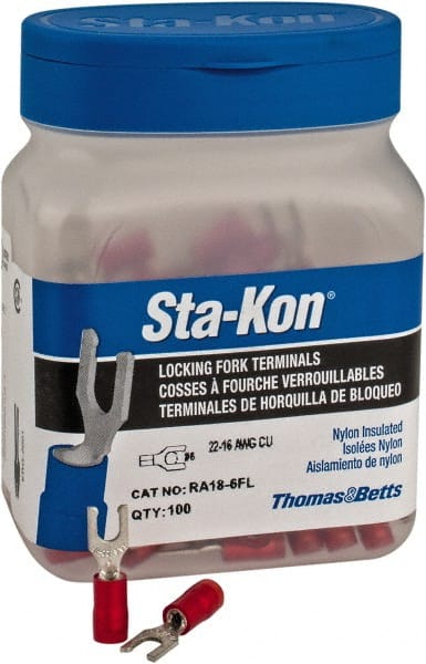 Thomas & Betts - #6 Stud, 22 to 16 AWG Compatible, Partially Insulated, Crimp Connection, Locking Fork Terminal - A1 Tooling