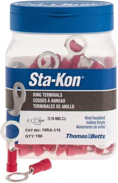 Thomas & Betts - 22-16 AWG Partially Insulated Crimp Connection D Shaped Ring Terminal - 5/16" Stud, 1.13" OAL x 1/2" Wide, Tin Plated Copper Contact - A1 Tooling