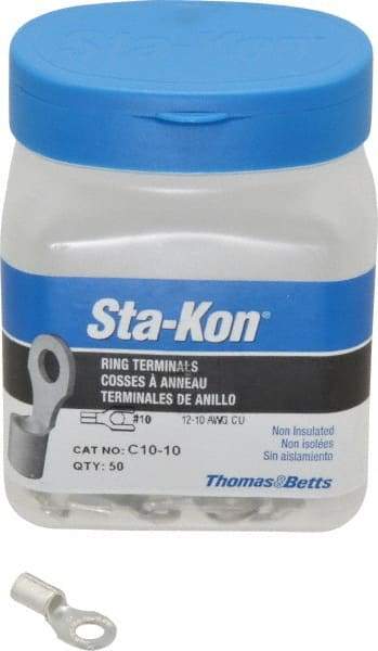 Thomas & Betts - 12-10 AWG Noninsulated Crimp Connection D Shaped Ring Terminal - #10 Stud, 0.85" OAL x 0.38" Wide, Tin Plated Copper Contact - A1 Tooling