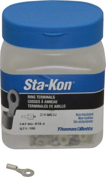 Thomas & Betts - 22-16 AWG Noninsulated Crimp Connection D Shaped Ring Terminal - #4 Stud, 3/4" OAL x 0.31" Wide, Tin Plated Copper Contact - A1 Tooling