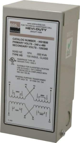 Sola/Hevi-Duty - 1 Phase, 240-480 Volt Input, 120/240 Volt Output, 60 Hz, 0.05 kVA, General Purpose Transformer - 4, 12, 3R, 4X NEMA Rating, 176°F Temp Rise, 4 Inch Wide x 3 Inch Deep x 6 Inch High, Indoor, Outdoor, Wall Mount - A1 Tooling