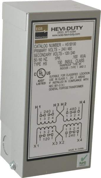 Sola/Hevi-Duty - 1 Phase, 240-480 Volt Input, 120/240 Volt Output, 60 Hz, 0.1 kVA, General Purpose Transformer - 4, 12, 3R, 4X NEMA Rating, 176°F Temp Rise, 4 Inch Wide x 3 Inch Deep x 6 Inch High, Indoor, Outdoor, Wall Mount - A1 Tooling