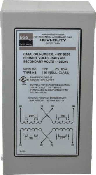 Sola/Hevi-Duty - 1 Phase, 240-480 Volt Input, 120/240 Volt Output, 60 Hz, 1/4 kVA, General Purpose Transformer - 4, 12, 3R, 4X NEMA Rating, 176°F Temp Rise, 4 Inch Wide x 4 Inch Deep x 8 Inch High, Indoor, Outdoor, Wall Mount - A1 Tooling