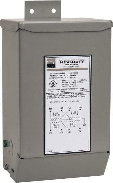 Sola/Hevi-Duty - 1 Phase, 240-480 Volt Input, 120/240 Volt Output, 60 Hz, 0.5 kVA, General Purpose Transformer - 4, 12, 3R, 4X NEMA Rating, 239°F Temp Rise, 6 Inch Wide x 5 Inch Deep x 10 Inch High, Indoor, Outdoor, Wall Mount - A1 Tooling