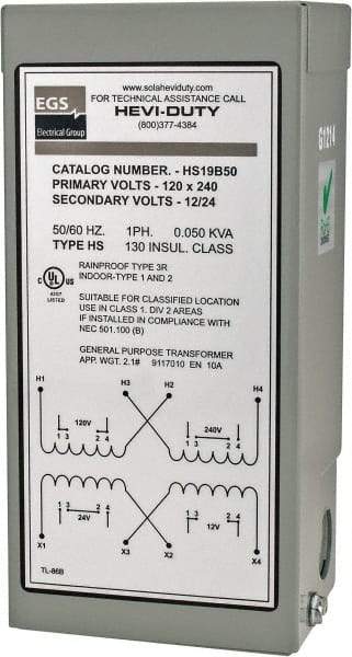 Sola/Hevi-Duty - 120/240 Input Volt, 12/24 Output Volt, 60 Hz, Buck Boost Transformer - 1 Phase, 4 Inch Wide x 3 Inch Deep x 6 Inch High, cULus Listed E77014 - A1 Tooling