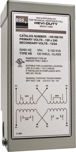 Sola/Hevi-Duty - 120/240 Input Volt, 12/24 Output Volt, 60 Hz, Buck Boost Transformer - 1 Phase, 4 Inch Wide x 3 Inch Deep x 6 Inch High, cULus Listed E77014 - A1 Tooling