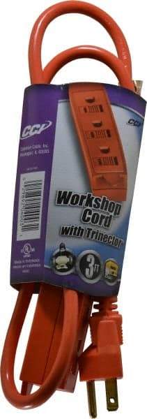 Southwire - 3', 16/3 Gauge/Conductors, Orange Indoor Extension Cord - 1 Receptacle, 13 Amps, 125 VAC, UL SJTW, NEMA 5-15P, 5-15R x 3 - A1 Tooling