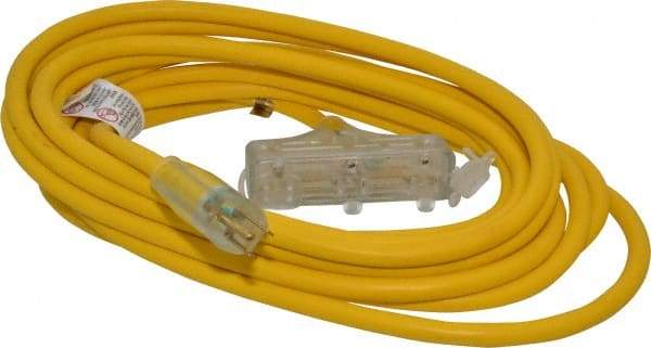 Southwire - 25', 12/3 Gauge/Conductors, Yellow Indoor & Outdoor Extension Cord - 1 Receptacle, 15 Amps, 125 VAC, UL SJTW-A, NEMA 5-15P, 5-15R x 3 - A1 Tooling