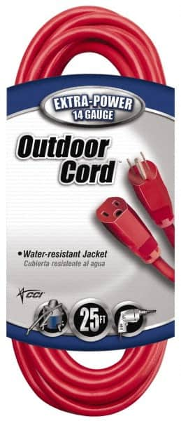 Southwire - 25', 14/3 Gauge/Conductors, Red Indoor & Outdoor Extension Cord - 1 Receptacle, 15 Amps, 125 VAC, UL SJTW, NEMA 5-15P, 5-15R - A1 Tooling