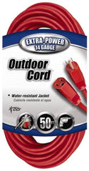 Southwire - 50', 14/3 Gauge/Conductors, Red Indoor & Outdoor Extension Cord - 1 Receptacle, 15 Amps, 125 VAC, UL SJTW, NEMA 5-15P, 5-15R - A1 Tooling